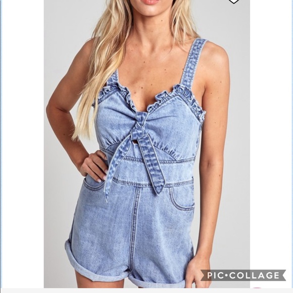 BLUE BLUSH Ruffle Trim Denim Romper, Sz Small EUC - Picture 3 of 5